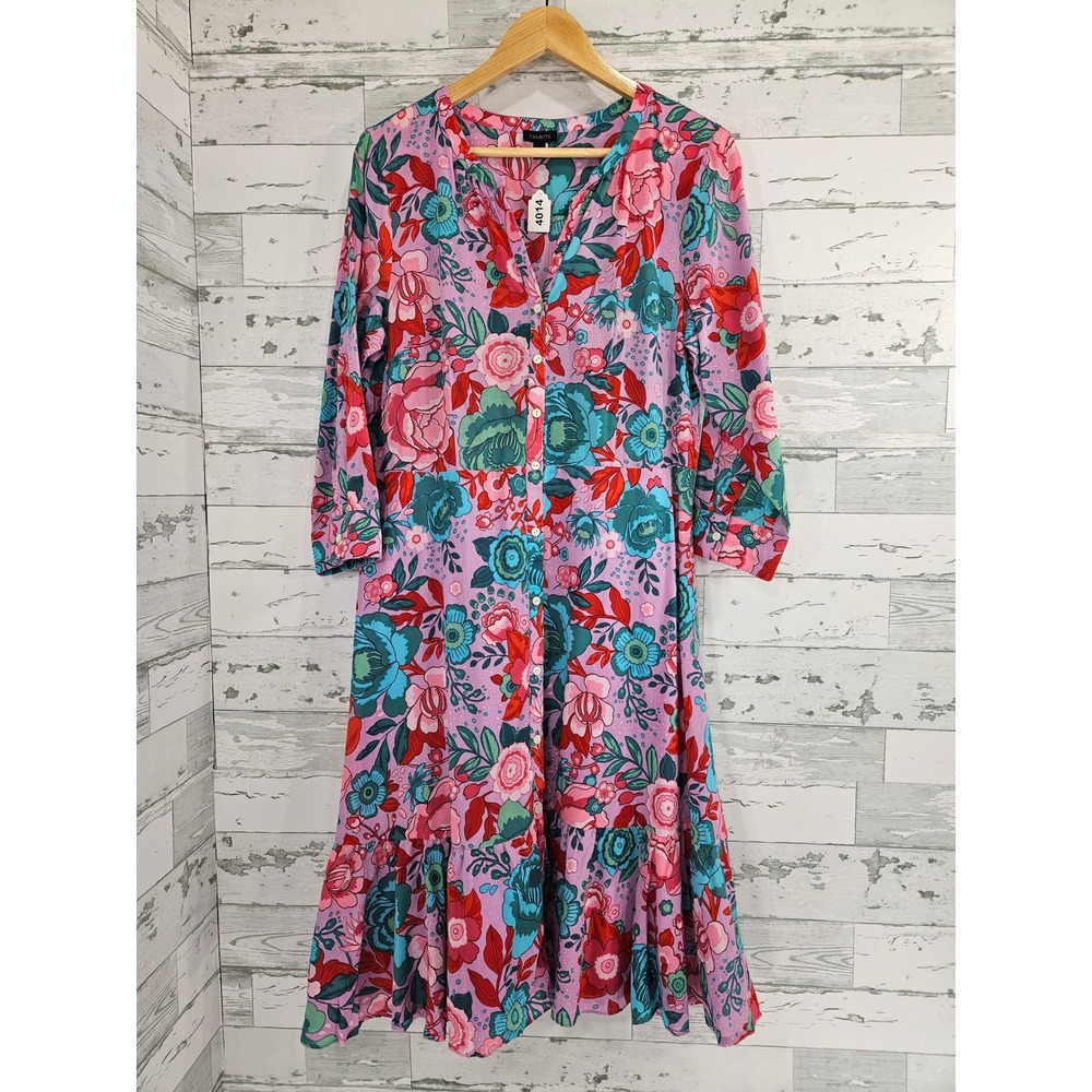 Talbots Floral Cotton Tiered Midi Dress Pink Teal Red Size 10 Button Front